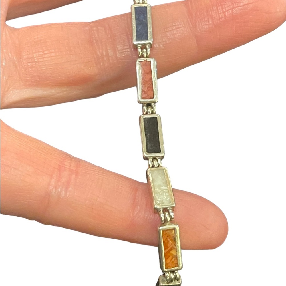Vintage sterling silver 925  multi color crushed stone link bracelet Hallmarked - Picture 5 of 12